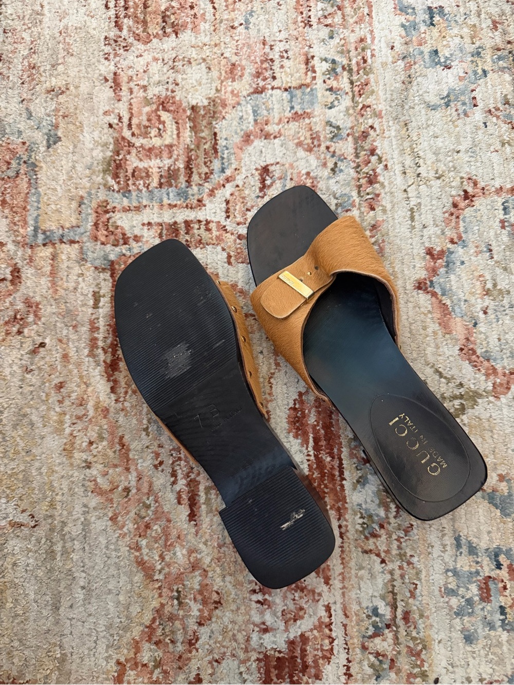 Gucci Tan Leather Slide Mules with Gold Accent